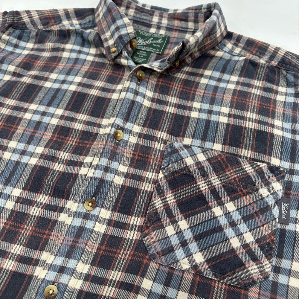 Woolrich Men's Black/Blue/White Plaid Flannel Long Sleeve Shirt Large_Vintage